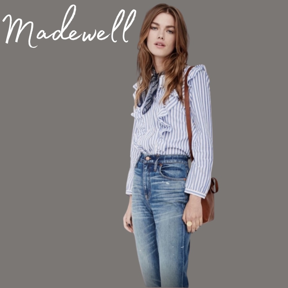 Madewell Whitney Striped Ruffle Trim Long Sleeve Button Up Blouse